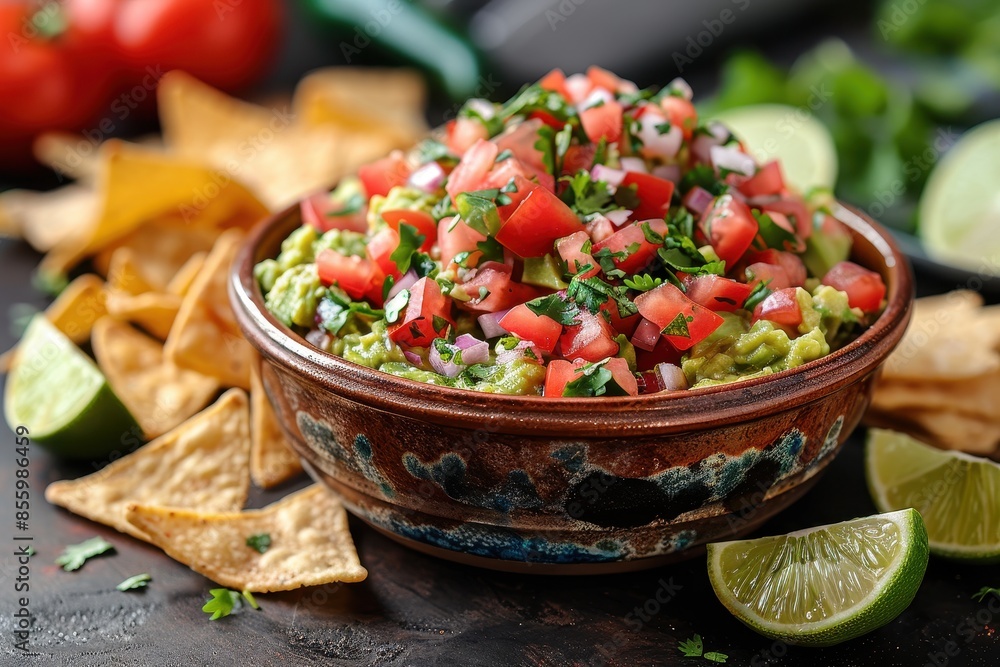 A bowl of creamy guacamole surrounded by tortilla chips and lime wedges. A bowl of creamy guacamole surrounded by tortilla chips and lime wedges.