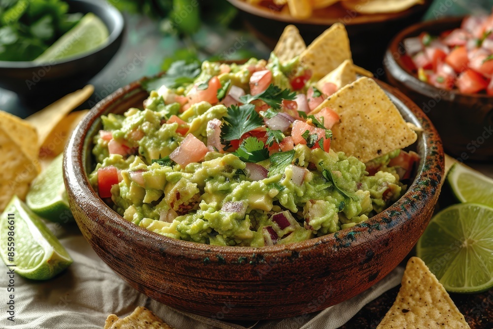 A bowl of creamy guacamole surrounded by tortilla chips and lime wedges. A bowl of creamy guacamole surrounded by tortilla chips and lime wedges.