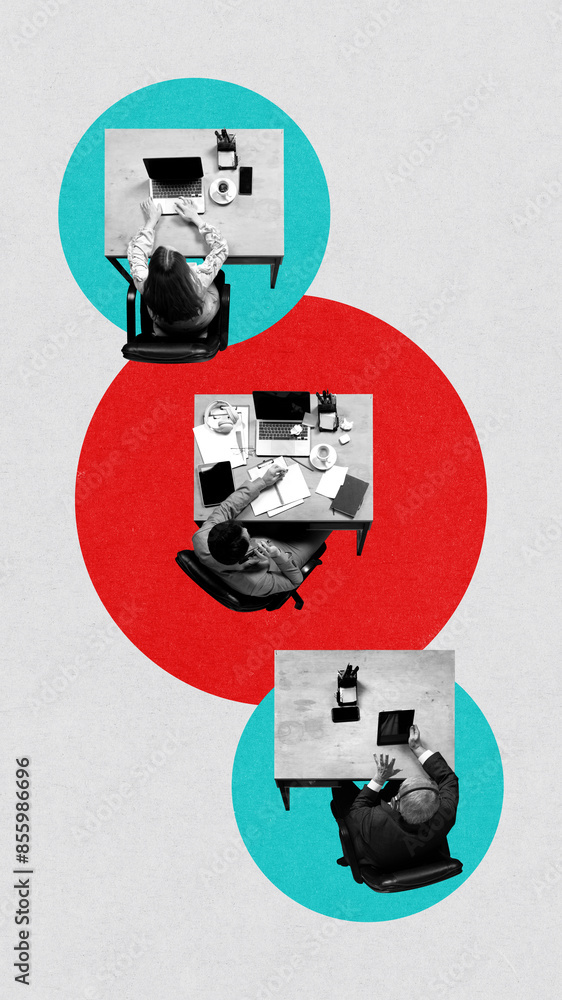 Top view image on people, employees sitting at table and working online on projects. Home office and remote teamwork. Contemporary art collage. Concept of business, career, co-working, freelance Top view image on people, employees sitting at table and working online on projects. Home office and remote teamwork. Contemporary art collage. Concept of business, career, co-working, freelance