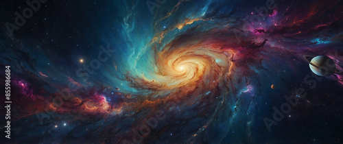 A vibrant and detailed illustration of a distant galaxy, featuring a glowing spiral nebula, swirling colors, and scattered stars