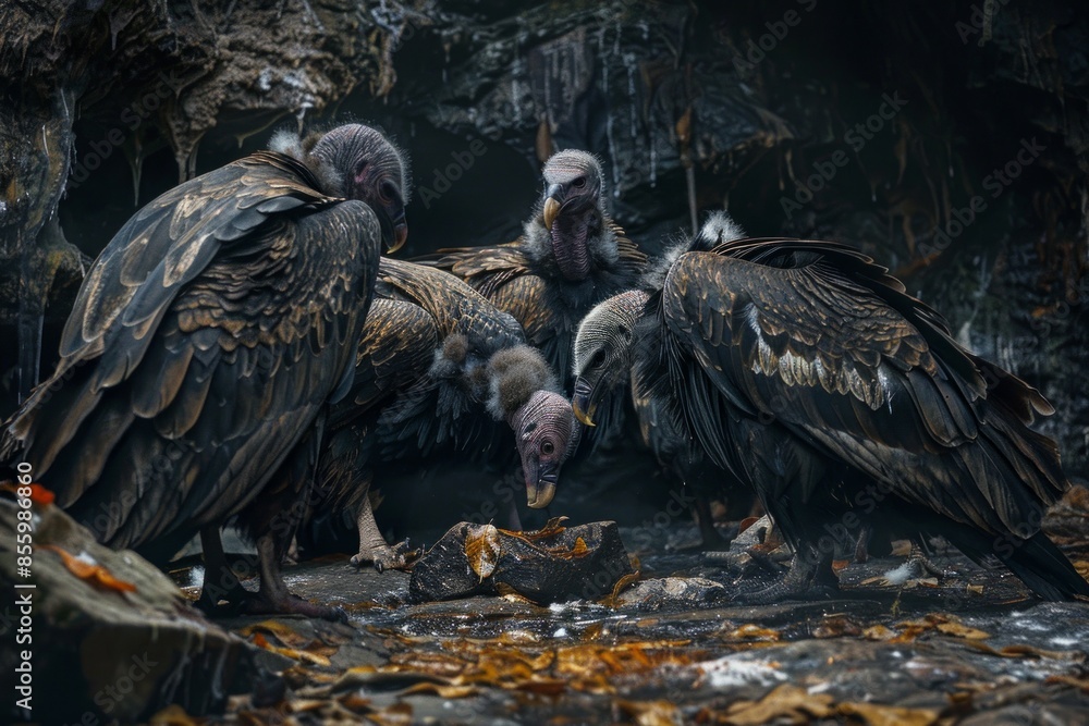 Fototapeta premium A small bunch of vultures having a meal