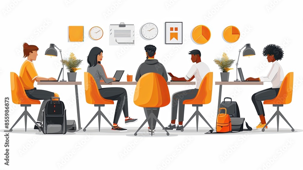 Office workers are sitting at desks, communicating with each other. Business Concept illustration. Editable flat graphic vector illustrations isolated on white background Office workers are sitting at desks, communicating with each other. Business Concept illustration. Editable flat graphic vector illustrations isolated on white background