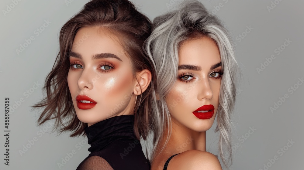 Fototapeta premium Bold and stylish women with trendy hairstyles and makeup, showcasing confidence and modern beauty