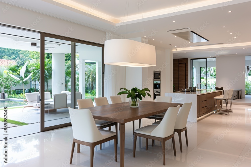 Modern open-concept dining area with wooden table and white chairs, spacious kitchen, and large sliding glass doors to a lush outdoor patio. Modern open-concept dining area with wooden table and white chairs, spacious kitchen, and large sliding glass doors to a lush outdoor patio.