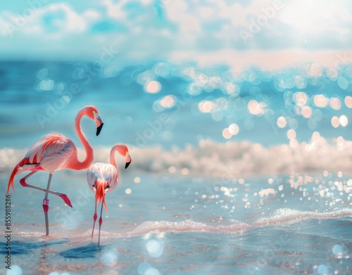 Pink flamingos on sandy beach and warm blue ocean wave background summer concept