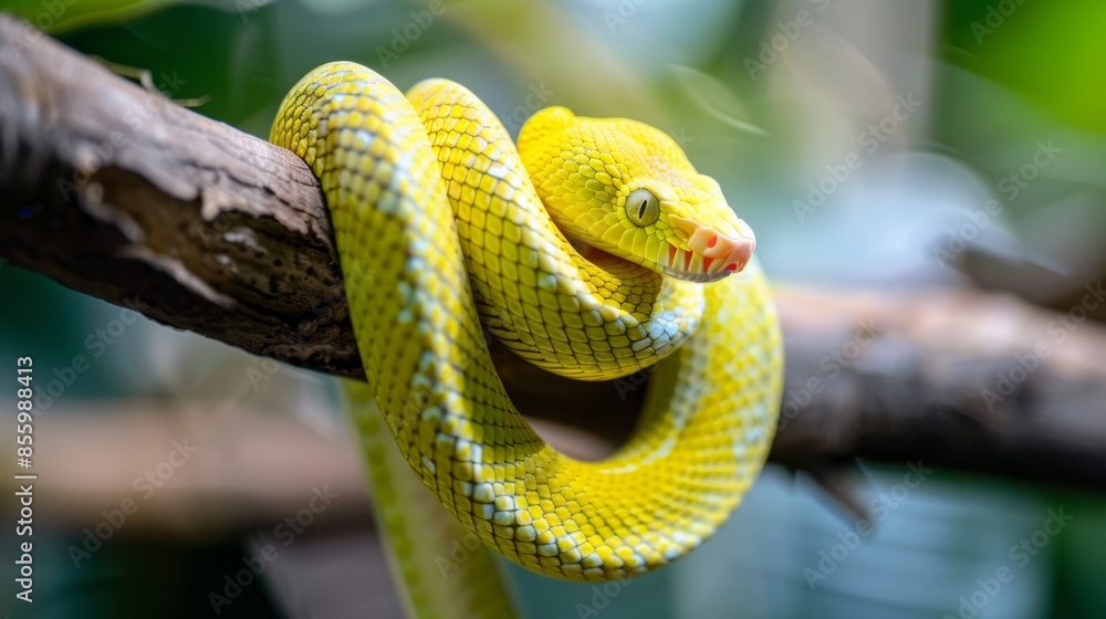 Fototapeta premium Bright Yellow Snake Coiled on a Branch, Generative AI