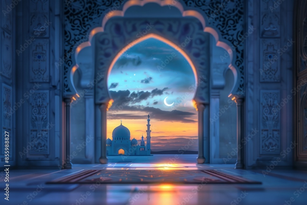 Fototapeta premium An Islamic Ramadan background with an open door leading to the interior of a mosque, a glowing moon and stars, framed by decorative arches.