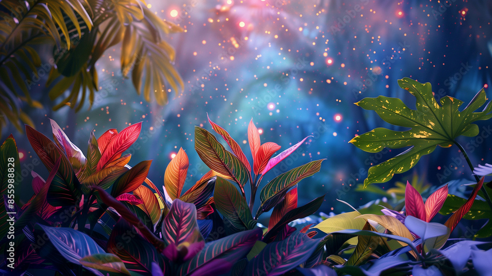 custom made wallpaper toronto digitalTropical foliage plants with vivid colors and textures set against a dreamy, star-filled space background,