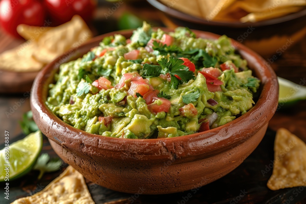 A bowl of creamy guacamole surrounded by tortilla chips and lime wedges. A bowl of creamy guacamole surrounded by tortilla chips and lime wedges.