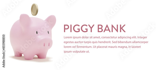 3D pink piggy bank with gold coin above it. savings concept