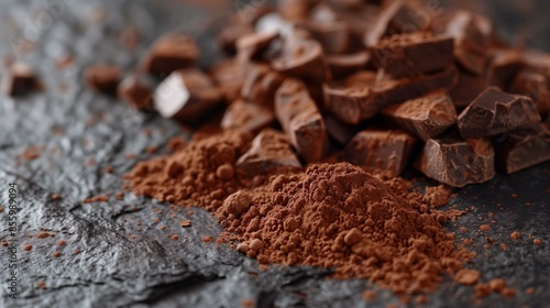 Pile of rich dark chocolate chunks and fine cocoa powder on a textured slate surface.