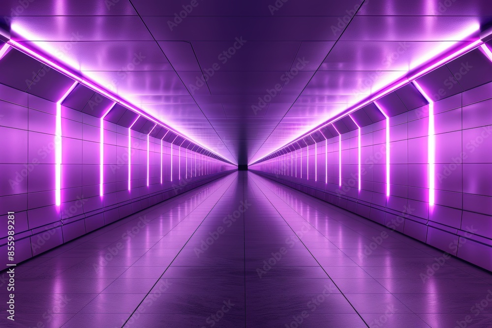 Fototapeta premium Futuristic purple lit tunnel with reflective floor and modern design. Eerie, sci-fi ambiance in an endless corridor perspective.