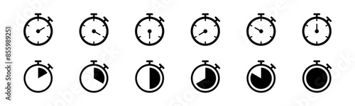 Stopwatch icon set. Line and glyph stopwatch timer. Countdown timer collection.