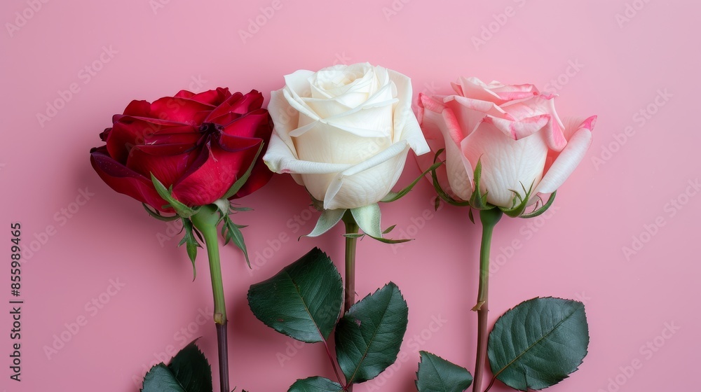 Top view of three roses in white, red, and pink, set against a smooth pink background, advertising-friendly, isolated, studio lighting Top view of three roses in white, red, and pink, set against a smooth pink background, advertising-friendly, isolated, studio lighting