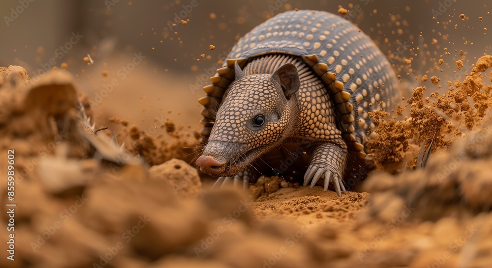 Close-up of an armadillo digging through red soil in a desert environment, showcasing its tough armor and keen claws.
