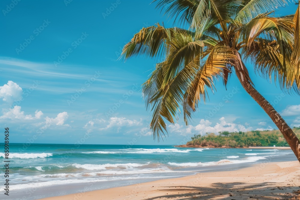 There is a beautiful sandy beach with coconut palm trees sticking out of the sea and a bright blue sky with cloudscapes in the distance There is a beautiful sandy beach with coconut palm trees sticking out of the sea and a bright blue sky with cloudscapes in the distance