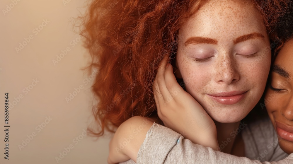 A moment of affection shared between two women, capturing a loving and gentle hug with a soft touch A moment of affection shared between two women, capturing a loving and gentle hug with a soft touch