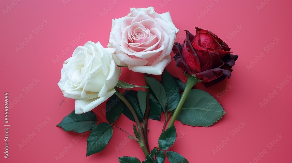 Top view of white, red, and pink roses on a bright smooth pink background, perfect for advertising, isolated background, studio lighting Top view of white, red, and pink roses on a bright smooth pink background, perfect for advertising, isolated background, studio lighting