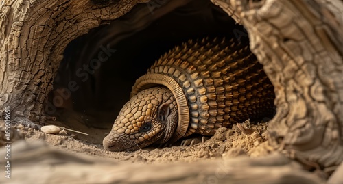 A reclusive armadillo nestled in a burrow, showcasing its protective armor in a natural habitat.