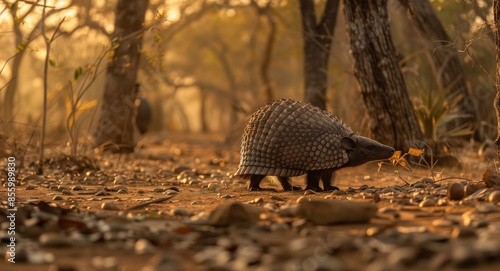 A solitary armadillo wanders through a sunlit forest floor, surrounded by trees and dappled sunlight. © Raul
