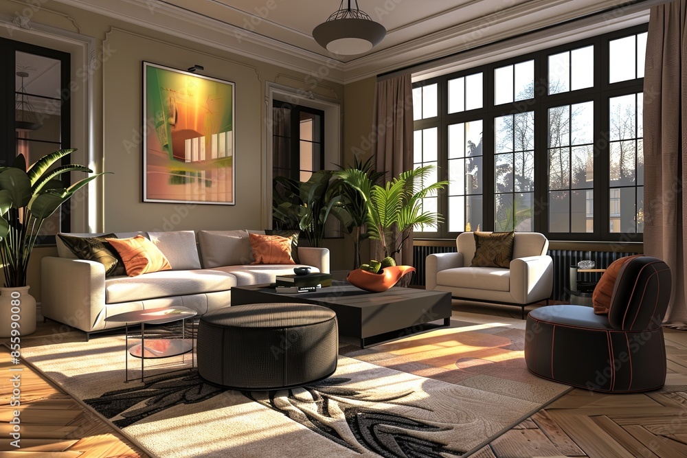 Fototapeta premium A modern living room with stylish decor and furniture, featuring a comfortable sofa, a large window, a rug, and a coffee table. Generative AI