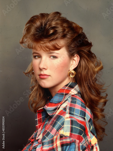 Portrait of a young woman in the style of the 80s or 90s. Retro photo of a person dressed in vintage style. Nostalgic photo
