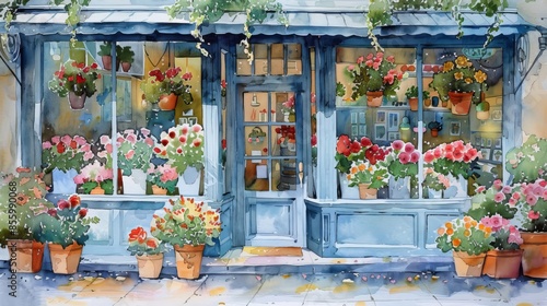 Fototapeta Naklejka Na Ścianę i Meble -  A watercolor painting of a flower shop with a blue wall, pink flowers, and a wooden door.