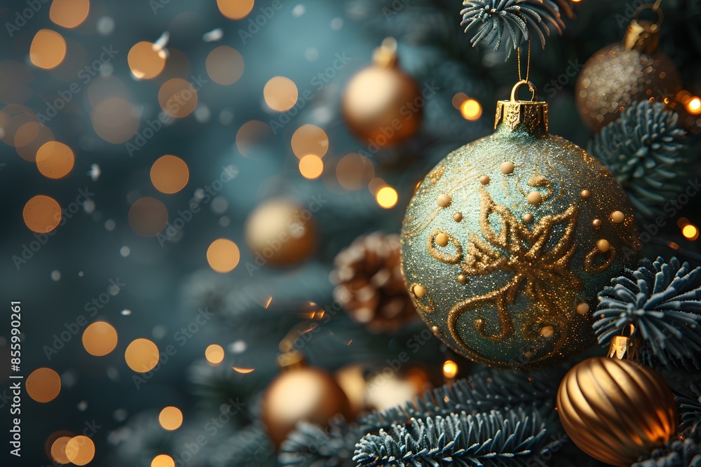 Elegant Gold and Green Christmas Ornaments on Pine Tree with Festive Bokeh Lights - Holiday Decoration for Print, Card, Poster Elegant Gold and Green Christmas Ornaments on Pine Tree with Festive Bokeh Lights - Holiday Decoration for Print, Card, Poster