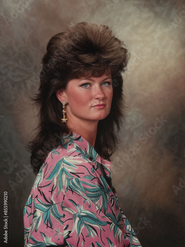 Portrait of a woman in the style of the 80s or 90s. Retro photo of a person dressed in vintage style. Nostalgic photo