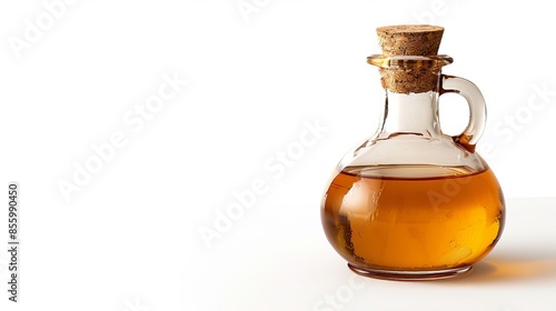 Cooking oil bottle with a cork lid, isolated on a white background. The border of the object is cut out.