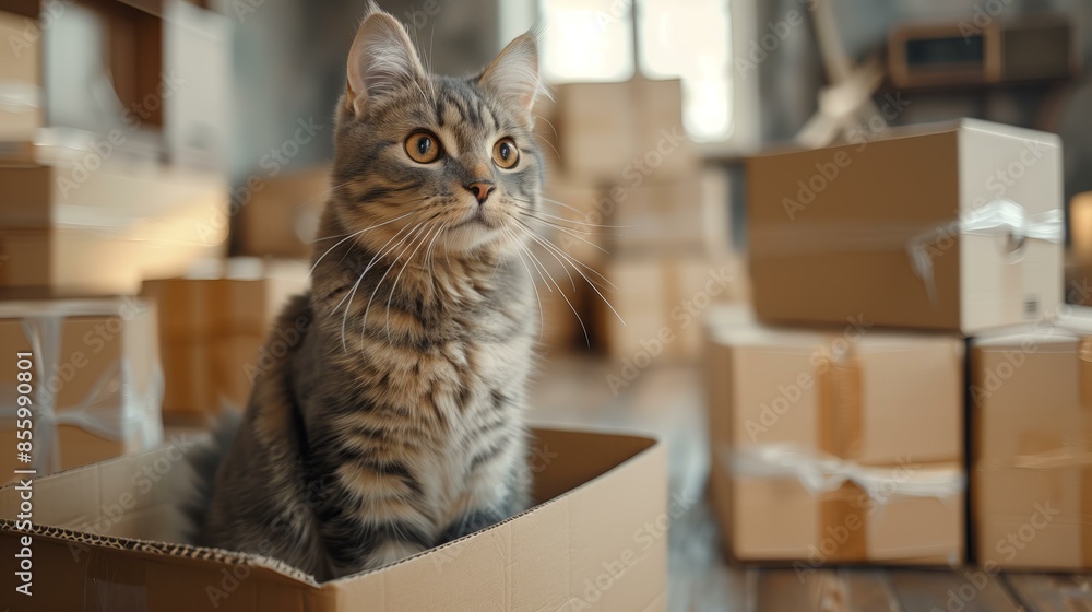 Curious tabby cat sitting in an open cardboard box amidst unpacked moving boxes in a new home. Curious tabby cat sitting in an open cardboard box amidst unpacked moving boxes in a new home.