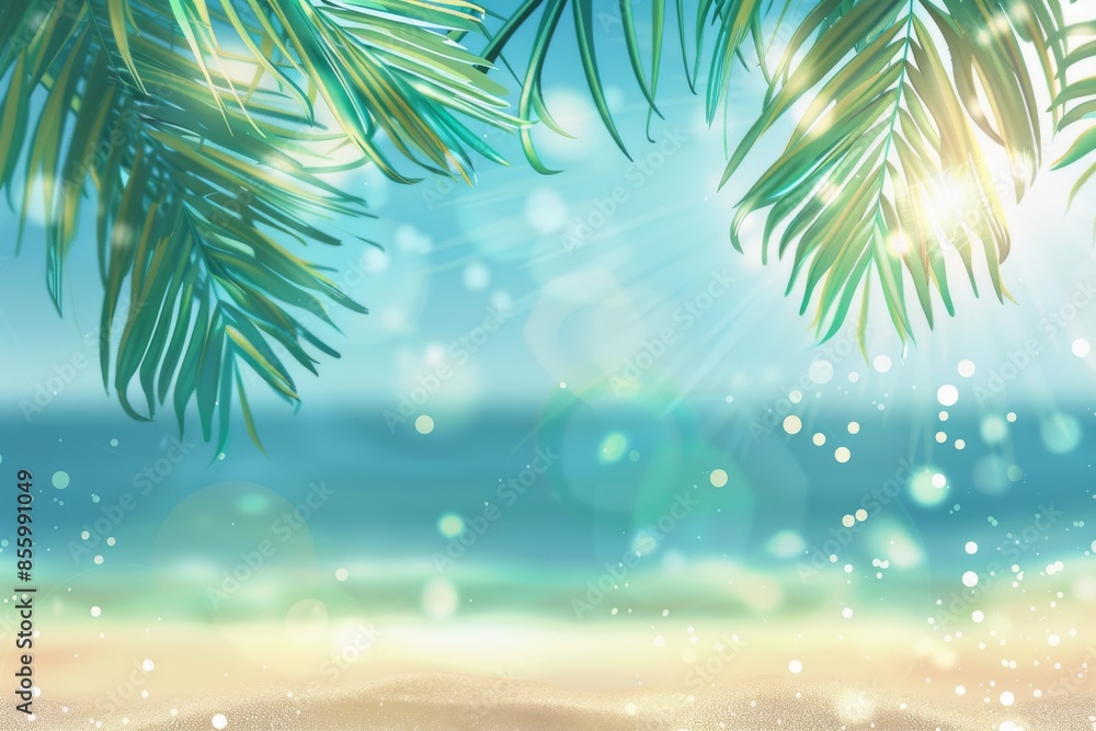 Sand dunes against tropical sea and sky background with palm leaves as frame Summer vacation idea Sand dunes against tropical sea and sky background with palm leaves as frame Summer vacation idea