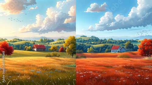 Nature and farm landscape. village, sky, field, trees, house and lawn for background, poster vector illustration set photo