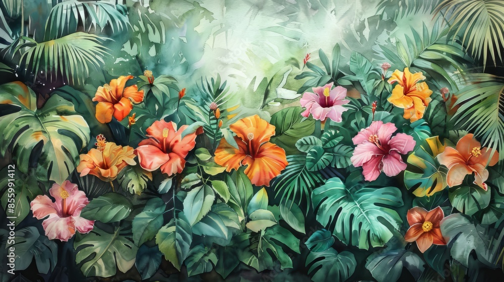 Fototapeta premium A watercolor painting of a tropical garden with lush foliage and colorful hibiscus flowers.
