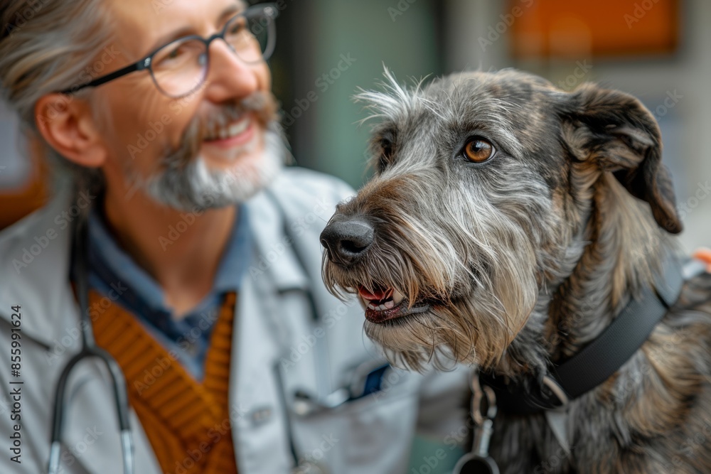 wolfhound and his owner consult with veterinarian in bright examining room. Portrait of a senior veterinarian with a dog in his arms. wolfhound and his owner consult with veterinarian in bright examining room. Portrait of a senior veterinarian with a dog in his arms.