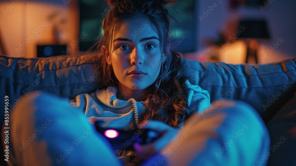 young woman playing video game with joystick at home young woman playing video game with joystick at home
