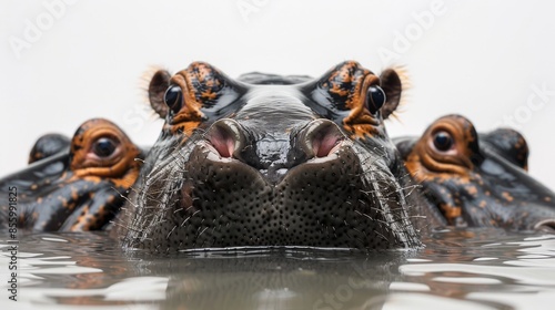Clipping path body part of hippo with close muzzle in the water on white background