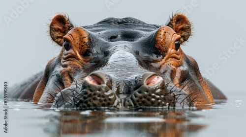 With a clipping path body part of a hippo, it is on white background with a close-up muzzle in the water