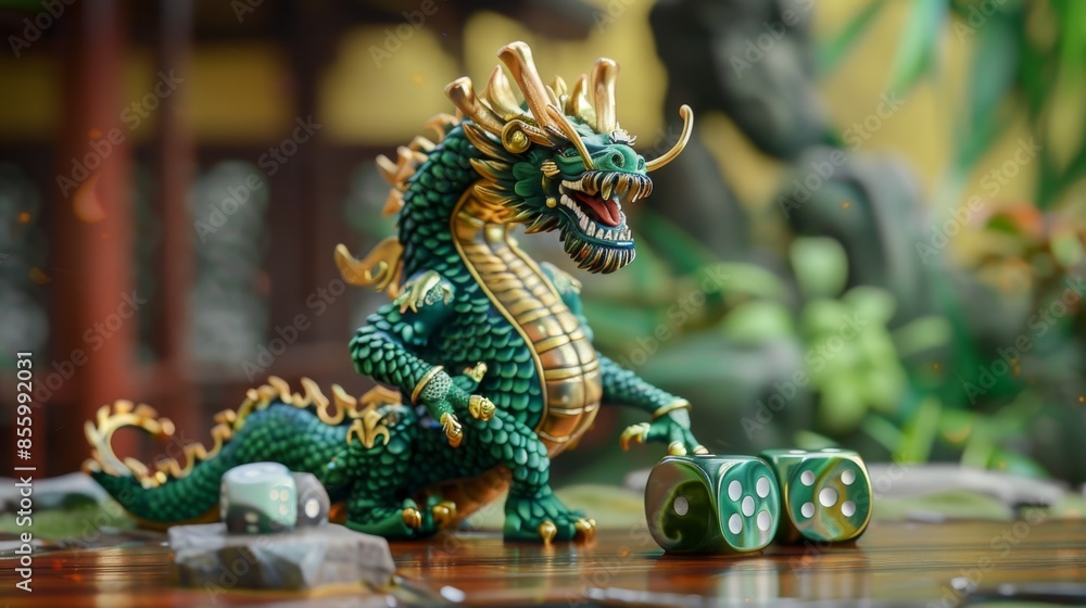 Fototapeta premium Majestic Green Dragon with Dice, Generative AI