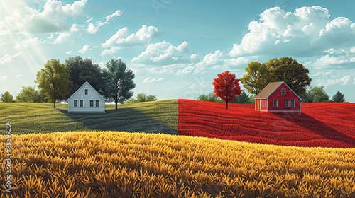 Nature and farm landscape. village, sky, field, trees, house and lawn for background, poster vector illustration set photo