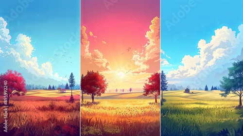 Nature and farm landscape. village, sky, field, trees, house and lawn for background, poster vector illustration set photo