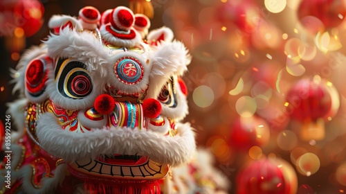 Traditional Chinese lion dance costume in red and white with intricate details and festive lanterns in the background. © Raul