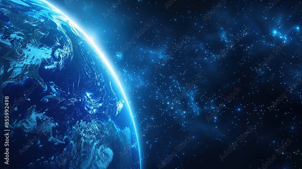 Obraz premium Cryptidcore Style Blue Space Background with Earth, Featuring Realistic Lighting