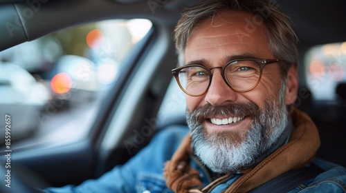 Mid adult man smiling while driving car and looking at mirror for reverse. 