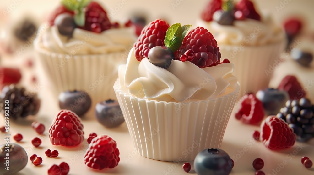 Deliciously decorated cupcakes topped with fresh berries and mint leaves, perfect for a sweet treat.