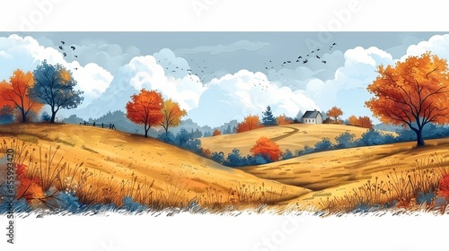 Nature and farm landscape. village, sky, field, trees, house and lawn for background, poster vector illustration set photo