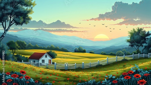 Nature and farm landscape. village, sky, field, trees, house and lawn for background, poster vector illustration set photo