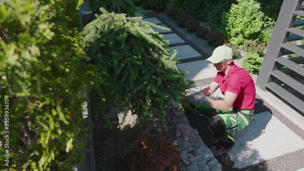 Gardener Pruning Evergreen Tree in Backyard Gardener Pruning Evergreen Tree in Backyard