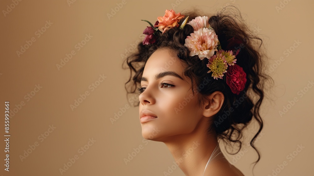 Naklejka premium Side profile of a young woman adorned with colorful flowers in her naturally curly hair