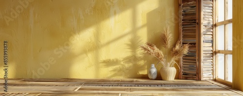 A room with a yellow wall and wooden floor. A vase with flowers sits on the floor. Free copy space for text.